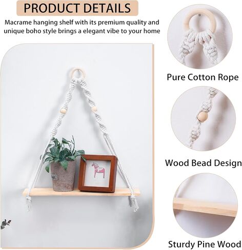 artilady macrame الأسود الجرف العائم - بوهو رف الجدار الخشبي ديكور معلق، ريفي شنقا رفوف التخزين المنسوجة يدويا الجرف النبات ديكور لغرفة النوم غرفة المعيشة الحضانة غرفة النوم in Kuwait