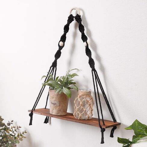 artilady macrame الأسود الجرف العائم - بوهو رف الجدار الخشبي ديكور معلق، ريفي شنقا رفوف التخزين المنسوجة يدويا الجرف النبات ديكور لغرفة النوم غرفة المعيشة الحضانة غرفة النوم in Kuwait