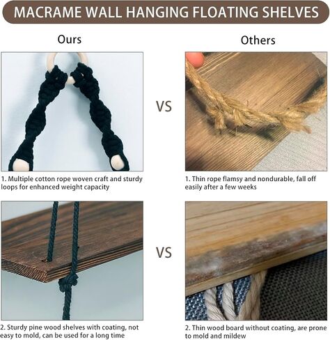 artilady macrame الأسود الجرف العائم - بوهو رف الجدار الخشبي ديكور معلق، ريفي شنقا رفوف التخزين المنسوجة يدويا الجرف النبات ديكور لغرفة النوم غرفة المعيشة الحضانة غرفة النوم in Kuwait