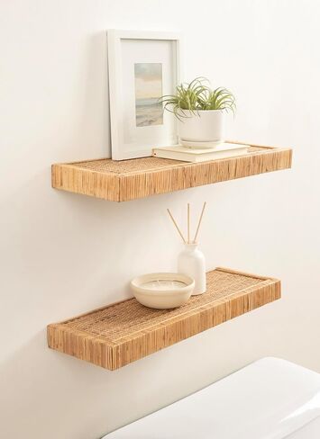 Kate and Laurel Rahmati Modern Rattan Floating Shelves, Set of 2, 24 x 8, Natural Rattan, Boho Bathroom and Kitchen Shelves for Above Toilet or Cute Nursery Bookshelves in Saudi Arabia