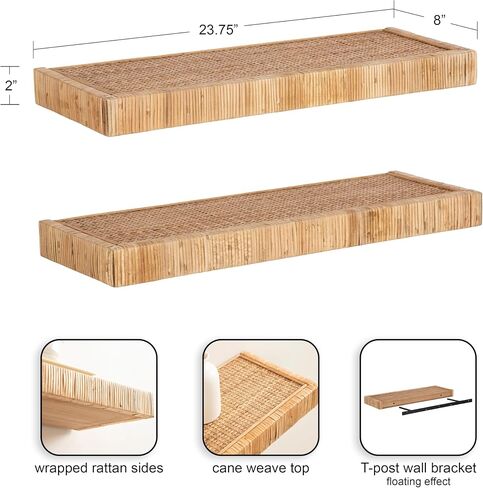 Kate and Laurel Rahmati Modern Rattan Floating Shelves, Set of 2, 24 x 8, Natural Rattan, Boho Bathroom and Kitchen Shelves for Above Toilet or Cute Nursery Bookshelves in Saudi Arabia
