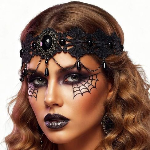 Black Lace Gothic Headband Crystal Forehead Hair Chain Pearls Tassel Headpiece Halloween Vintage Hair Accessories for Women in Saudi Arabia