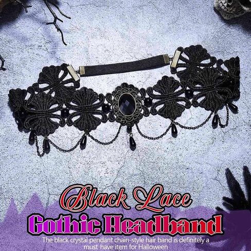 Black Lace Gothic Headband Crystal Forehead Hair Chain Pearls Tassel Headpiece Halloween Vintage Hair Accessories for Women in Saudi Arabia