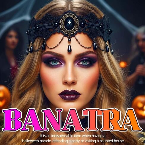 Black Lace Gothic Headband Crystal Forehead Hair Chain Pearls Tassel Headpiece Halloween Vintage Hair Accessories for Women in Saudi Arabia