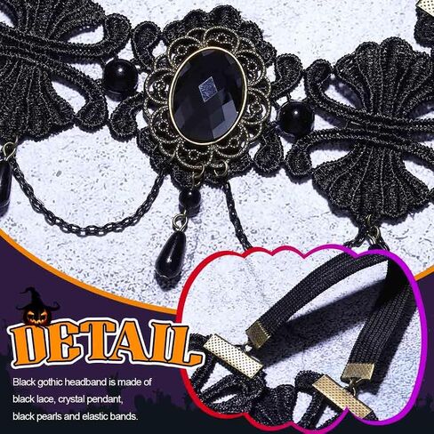 Black Lace Gothic Headband Crystal Forehead Hair Chain Pearls Tassel Headpiece Halloween Vintage Hair Accessories for Women in Saudi Arabia