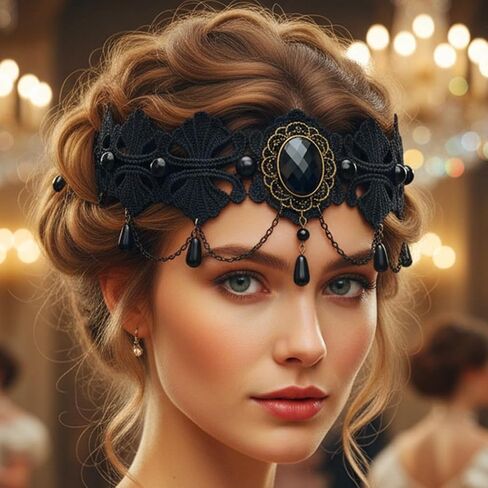 Black Lace Gothic Headband Crystal Forehead Hair Chain Pearls Tassel Headpiece Halloween Vintage Hair Accessories for Women in Saudi Arabia