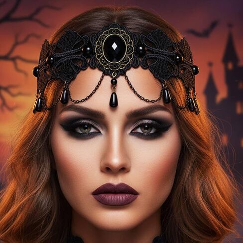 Black Lace Gothic Headband Crystal Forehead Hair Chain Pearls Tassel Headpiece Halloween Vintage Hair Accessories for Women in Saudi Arabia