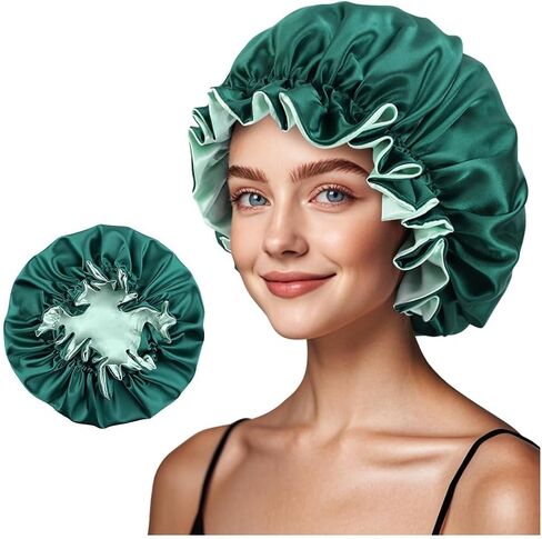 Reversible Silk Sleep Cap for Women, Double-Layered Satin Lined Hair Bonnet with Ruffle Trim, Non-Slip Design for All Hair Types in Saudi Arabia