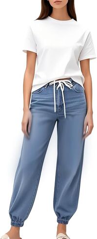 Women's Pull On Baggy Denim Jeans Wide Leg Pant Loose Fit Drawstrings with Elastic Waistband and Hem in Saudi Arabia