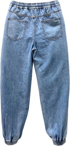 Women's Pull On Baggy Denim Jeans Wide Leg Pant Loose Fit Drawstrings with Elastic Waistband and Hem in Saudi Arabia