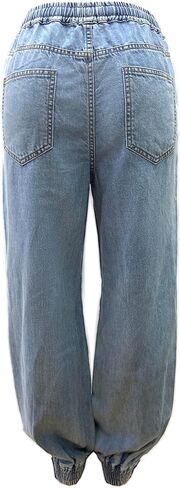 Women's Pull On Baggy Denim Jeans Wide Leg Pant Loose Fit Drawstrings with Elastic Waistband and Hem in Saudi Arabia
