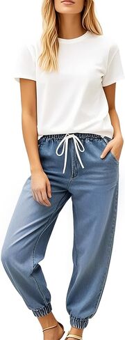 Women's Pull On Baggy Denim Jeans Wide Leg Pant Loose Fit Drawstrings with Elastic Waistband and Hem in Saudi Arabia