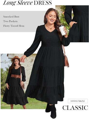 فستان Hanna Nikole نسائي مقاس كبير للخريف كاجوال وأكمام طويلة Smocked Aline Flowy V الرقبة ماكسي فساتين طويلة متدرجة مع جيوب in Kuwait