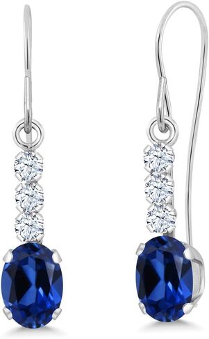Gem Stone King 10K White Gold Blue Created Sapphire and White Zirconia Drop Dangle Earrings For Women | 1.54 Cttw | Gemstone September Birthstone | Oval 6X4MM in Saudi Arabia