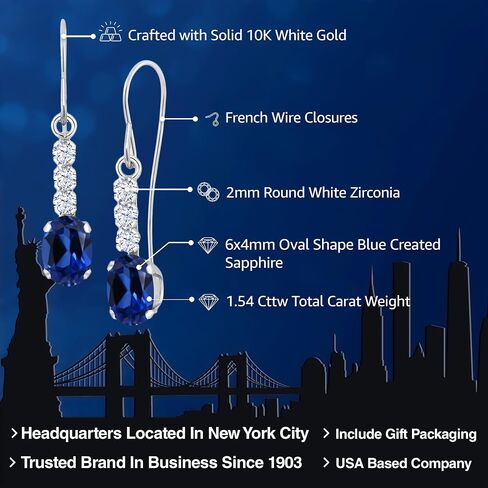 Gem Stone King 10K White Gold Blue Created Sapphire and White Zirconia Drop Dangle Earrings For Women | 1.54 Cttw | Gemstone September Birthstone | Oval 6X4MM in Saudi Arabia