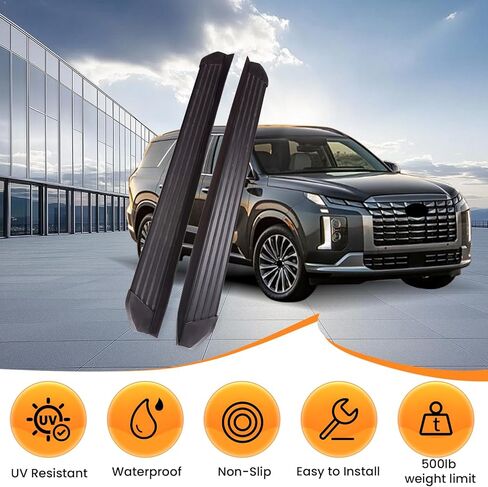 لوحات الجري والخطوات لسيارة Hyundai Palisade 2020-2025 خطوات جانبية من الألومنيوم مع دعامة، قطعتان من لوحة الجري السوداء من الجانب الأيمن والأيسر قضبان Nerf لسيارة Hyundai Palisade 2020 2021 2022 2023 2024 2025 in Kuwait