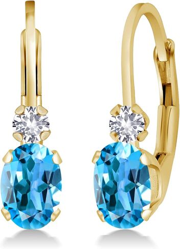 Gem Stone King 14K Yellow Gold Swiss Blue Topaz and White Created Sapphire Leverback Earrings For Women | 1.08 Cttw | Gemstone November Birthstone | Oval 6X4MM, Round 2MM | 3/4 Inch in Saudi Arabia