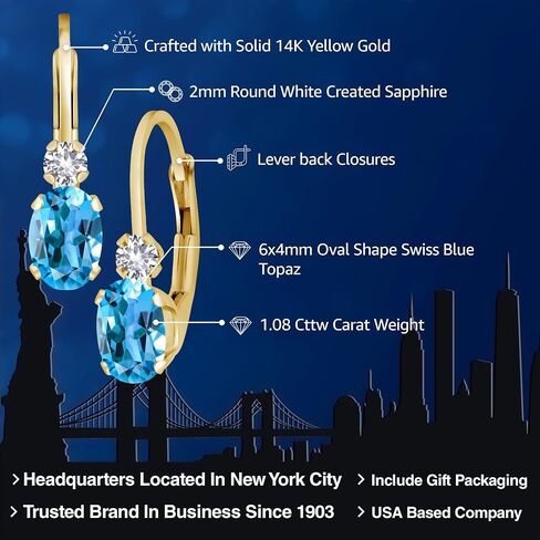 Gem Stone King 14K Yellow Gold Swiss Blue Topaz and White Created Sapphire Leverback Earrings For Women | 1.08 Cttw | Gemstone November Birthstone | Oval 6X4MM, Round 2MM | 3/4 Inch in Saudi Arabia