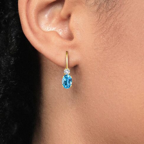 Gem Stone King 14K Yellow Gold Swiss Blue Topaz and White Created Sapphire Leverback Earrings For Women | 1.08 Cttw | Gemstone November Birthstone | Oval 6X4MM, Round 2MM | 3/4 Inch in Saudi Arabia