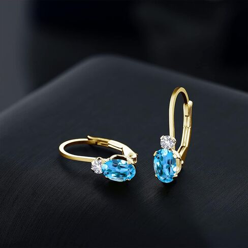 Gem Stone King 14K Yellow Gold Swiss Blue Topaz and White Created Sapphire Leverback Earrings For Women | 1.08 Cttw | Gemstone November Birthstone | Oval 6X4MM, Round 2MM | 3/4 Inch in Saudi Arabia