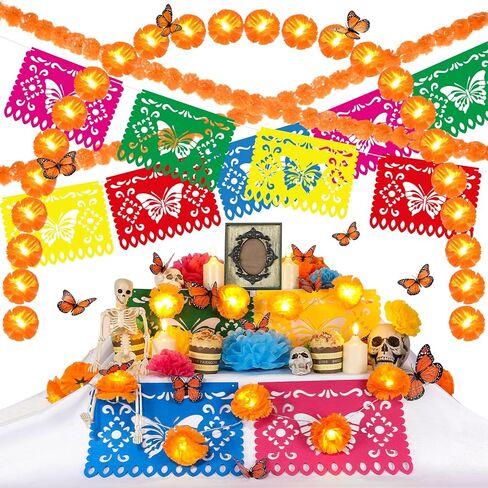 56 Pcs Day of the Dead Altar Decorations Kit, Include 2 Marigold Garland LED Light up 1 Marigold Garland 30 Paper Flowers 18 Monarch Butterfly 4 LED Candle 1 Banner for Dia De Muertos Altar Diwali in Saudi Arabia