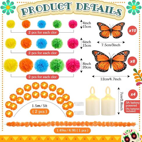 56 Pcs Day of the Dead Altar Decorations Kit, Include 2 Marigold Garland LED Light up 1 Marigold Garland 30 Paper Flowers 18 Monarch Butterfly 4 LED Candle 1 Banner for Dia De Muertos Altar Diwali in Saudi Arabia