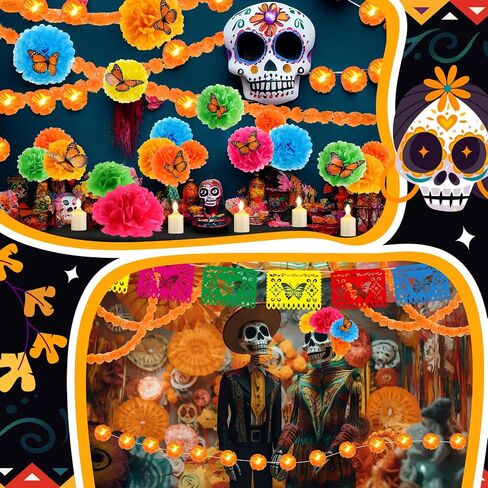 56 Pcs Day of the Dead Altar Decorations Kit, Include 2 Marigold Garland LED Light up 1 Marigold Garland 30 Paper Flowers 18 Monarch Butterfly 4 LED Candle 1 Banner for Dia De Muertos Altar Diwali in Saudi Arabia