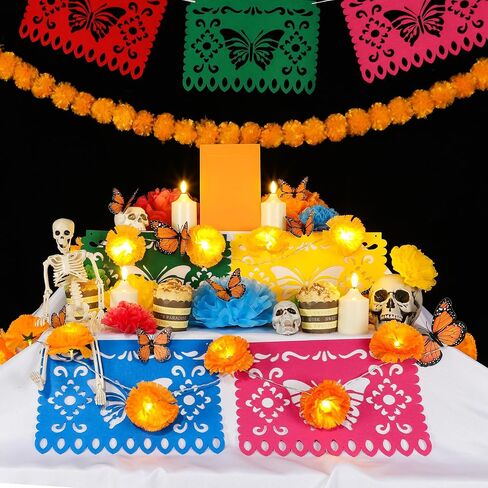 56 Pcs Day of the Dead Altar Decorations Kit, Include 2 Marigold Garland LED Light up 1 Marigold Garland 30 Paper Flowers 18 Monarch Butterfly 4 LED Candle 1 Banner for Dia De Muertos Altar Diwali in Saudi Arabia