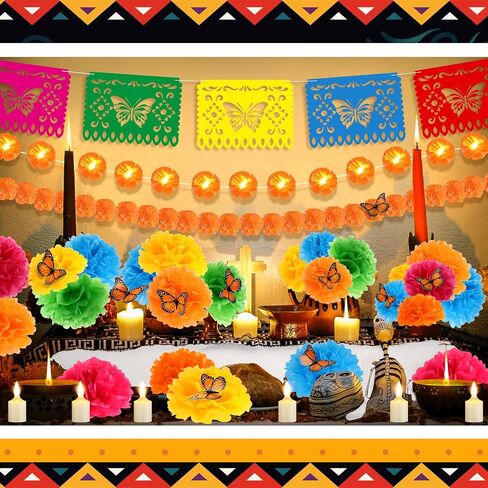 56 Pcs Day of the Dead Altar Decorations Kit, Include 2 Marigold Garland LED Light up 1 Marigold Garland 30 Paper Flowers 18 Monarch Butterfly 4 LED Candle 1 Banner for Dia De Muertos Altar Diwali in Saudi Arabia