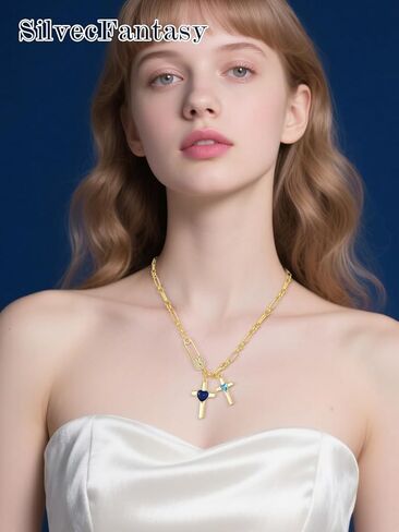 Gold Cross Necklace for Women 14K Double Cross Pendant Necklace Dainty Safety Pin 2 Birthstones Paper Clip Chain Faith Jewelry Trendy Religious Gifts for Women in Saudi Arabia