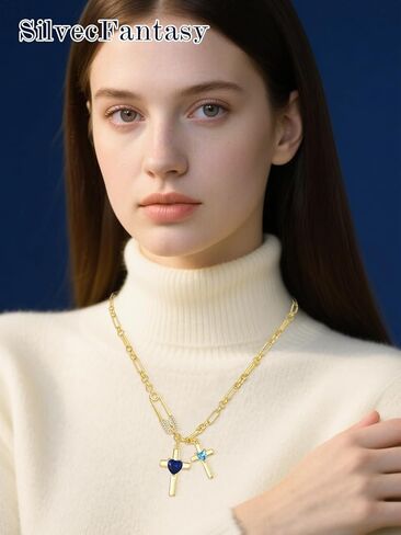 Gold Cross Necklace for Women 14K Double Cross Pendant Necklace Dainty Safety Pin 2 Birthstones Paper Clip Chain Faith Jewelry Trendy Religious Gifts for Women in Saudi Arabia