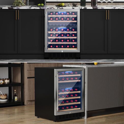 YITAHOME Wine and Beverage Refrigerator, 24 Inch Dual Zone Wine Fridge, Under Counter Wine Cooler Fridge Built-In or Self-standing, Holds 17 Bottles and 57 Cans (Double Glass Door), Black in Saudi Arabia