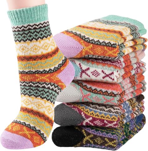 Wool Socks for Womens Warm Thermal Winter Thick Cozy Cabin Crew Knit Vintage Socks Gifts 5 Pairs in Kuwait