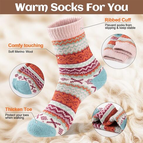 Wool Socks for Womens Warm Thermal Winter Thick Cozy Cabin Crew Knit Vintage Socks Gifts 5 Pairs in Kuwait