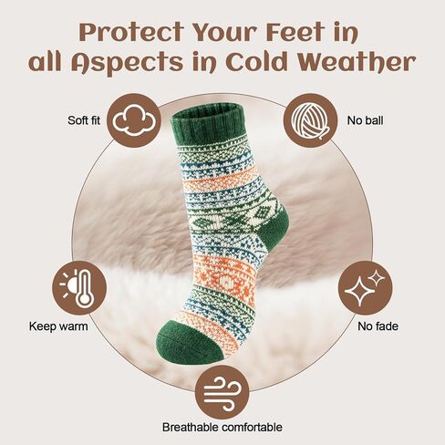 Wool Socks for Womens Warm Thermal Winter Thick Cozy Cabin Crew Knit Vintage Socks Gifts 5 Pairs in Kuwait