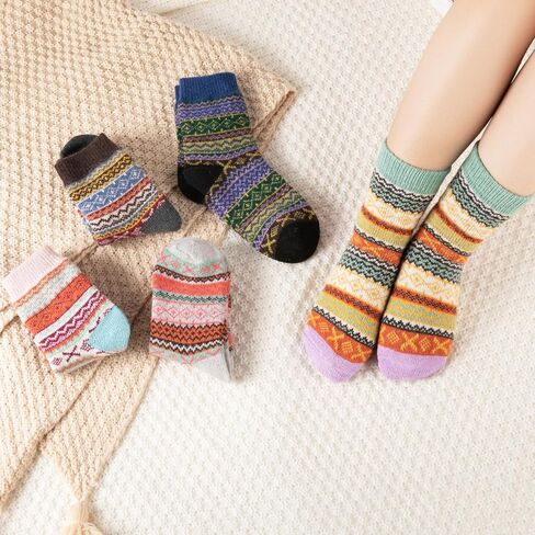 Wool Socks for Womens Warm Thermal Winter Thick Cozy Cabin Crew Knit Vintage Socks Gifts 5 Pairs in Kuwait