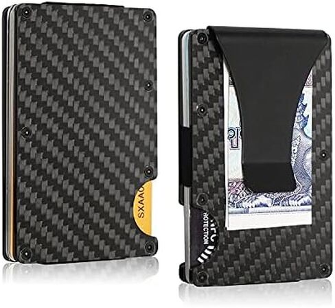 Real Carbon Fiber Minimalist RFID Blocking Card Wallet Holder Metal Men's Wallet with Money Clip (Black) in Saudi Arabia