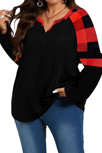 Plus Size Shirt for Women Long Sleeve Fall Tunic Tops Buffalo Plaid Leopard Blouse V Neck Tshirt XL-5XL in Saudi Arabia