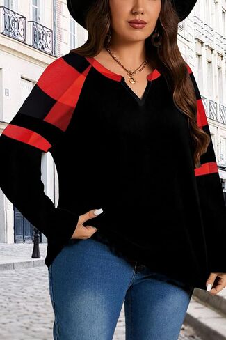 Plus Size Shirt for Women Long Sleeve Fall Tunic Tops Buffalo Plaid Leopard Blouse V Neck Tshirt XL-5XL in Saudi Arabia