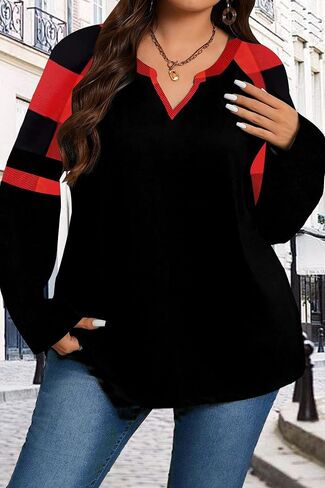 Plus Size Shirt for Women Long Sleeve Fall Tunic Tops Buffalo Plaid Leopard Blouse V Neck Tshirt XL-5XL in Saudi Arabia