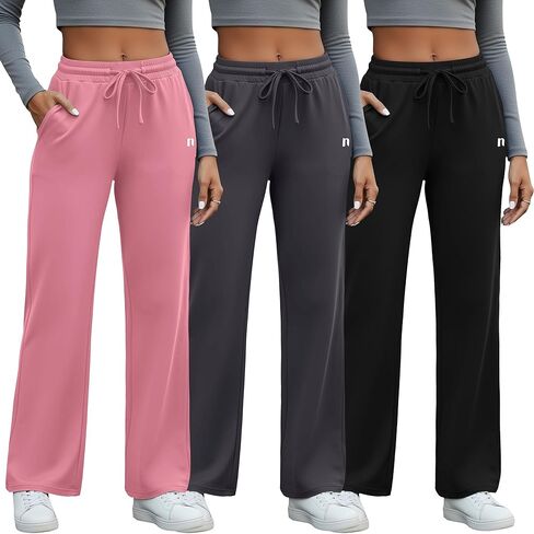 Neer 3 Pack Women's Wide Leg Palazzo Pants, Lounge High Waisted Pants Casual Pajama Bottoms Trouser with Drawstring Pockets in Kuwait
