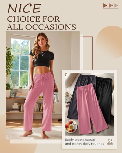 Neer 3 Pack Women's Wide Leg Palazzo Pants, Lounge High Waisted Pants Casual Pajama Bottoms Trouser with Drawstring Pockets in Kuwait