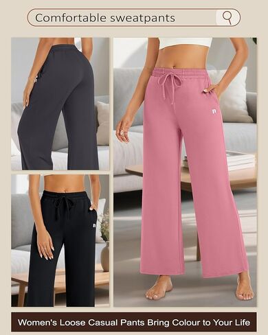 Neer 3 Pack Women's Wide Leg Palazzo Pants, Lounge High Waisted Pants Casual Pajama Bottoms Trouser with Drawstring Pockets in Kuwait