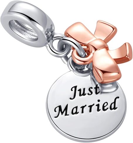 Two-tone Just Married Wedding Bow-Knot Double Dangle Charm Compatible with Pandora Charms Bracelets in Saudi Arabia