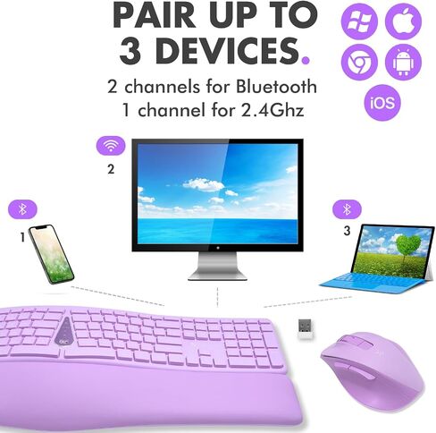 X9 Wireless Ergonomic Keyboard and Mouse Combo - Type Comfortably Longer - Ergo Split Keyboard with Soft Wrist Rest for PC, Mac, iOS, Android, Bluetooth/2.4G Rechargeable, Multi-Device - Purple in Kuwait