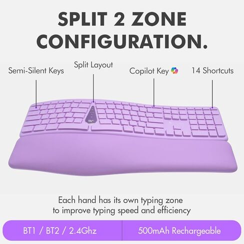 X9 Wireless Ergonomic Keyboard and Mouse Combo - Type Comfortably Longer - Ergo Split Keyboard with Soft Wrist Rest for PC, Mac, iOS, Android, Bluetooth/2.4G Rechargeable, Multi-Device - Purple in Kuwait