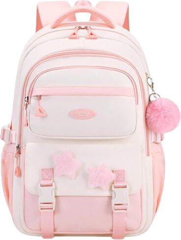 Cute Backpack for Girls, Kawaii Large Capacity Bookbags for Teens Kids Preppy Aesthetic Book Bag for Elementary Middle High School with Star Pins and Furry Pendant 4+ Years Old (Pink) in Kuwait