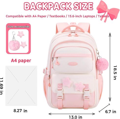 Cute Backpack for Girls, Kawaii Large Capacity Bookbags for Teens Kids Preppy Aesthetic Book Bag for Elementary Middle High School with Star Pins and Furry Pendant 4+ Years Old (Pink) in Kuwait