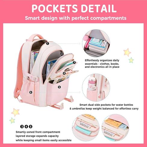 Cute Backpack for Girls, Kawaii Large Capacity Bookbags for Teens Kids Preppy Aesthetic Book Bag for Elementary Middle High School with Star Pins and Furry Pendant 4+ Years Old (Pink) in Kuwait