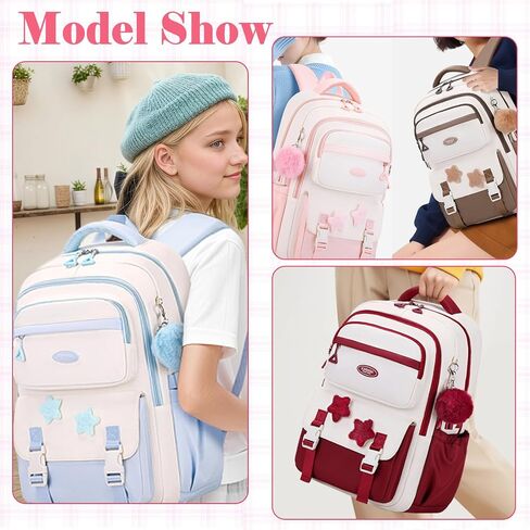 Cute Backpack for Girls, Kawaii Large Capacity Bookbags for Teens Kids Preppy Aesthetic Book Bag for Elementary Middle High School with Star Pins and Furry Pendant 4+ Years Old (Pink) in Kuwait